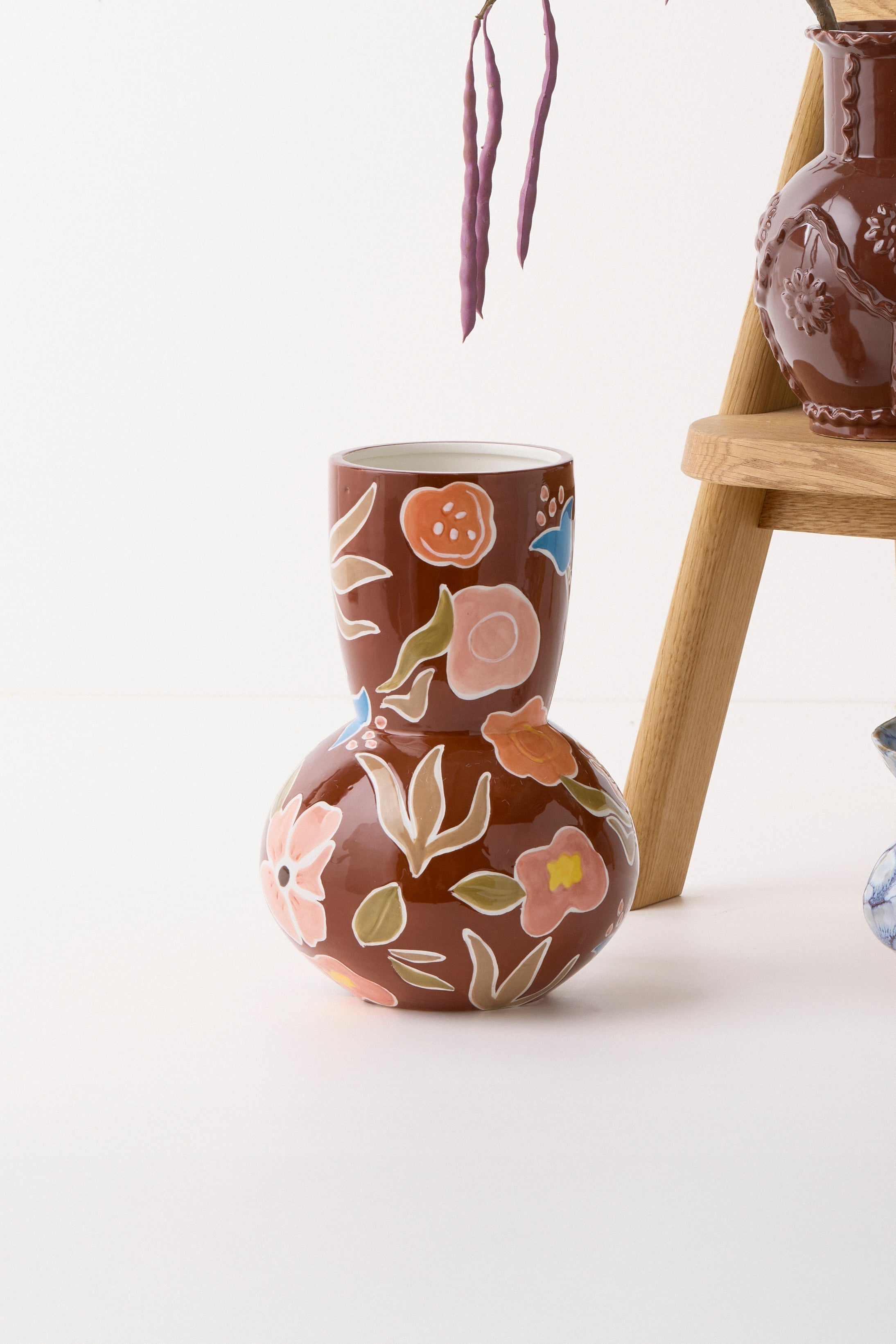 Vase med blomster motiv, brun - H28 cm